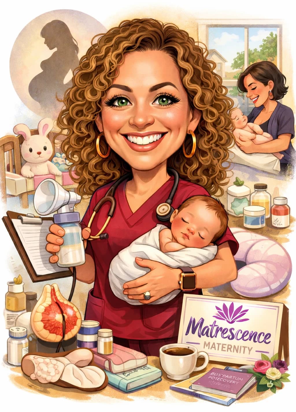Illustration of Ksana, the midwife and lactation consultant behind Matrescence Maternity, smiling while holding a newborn